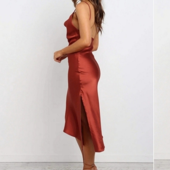 Petal & Pup Rust Cypress Draped Cowl Silky Satin Side Slit Midi Slip Dress 2US - Picture 4 of 8